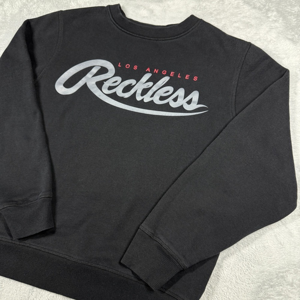 Young Reckless Womens Sweatshirt L Black Spellout LA Script Urban Streetwear - Picture 2 of 16